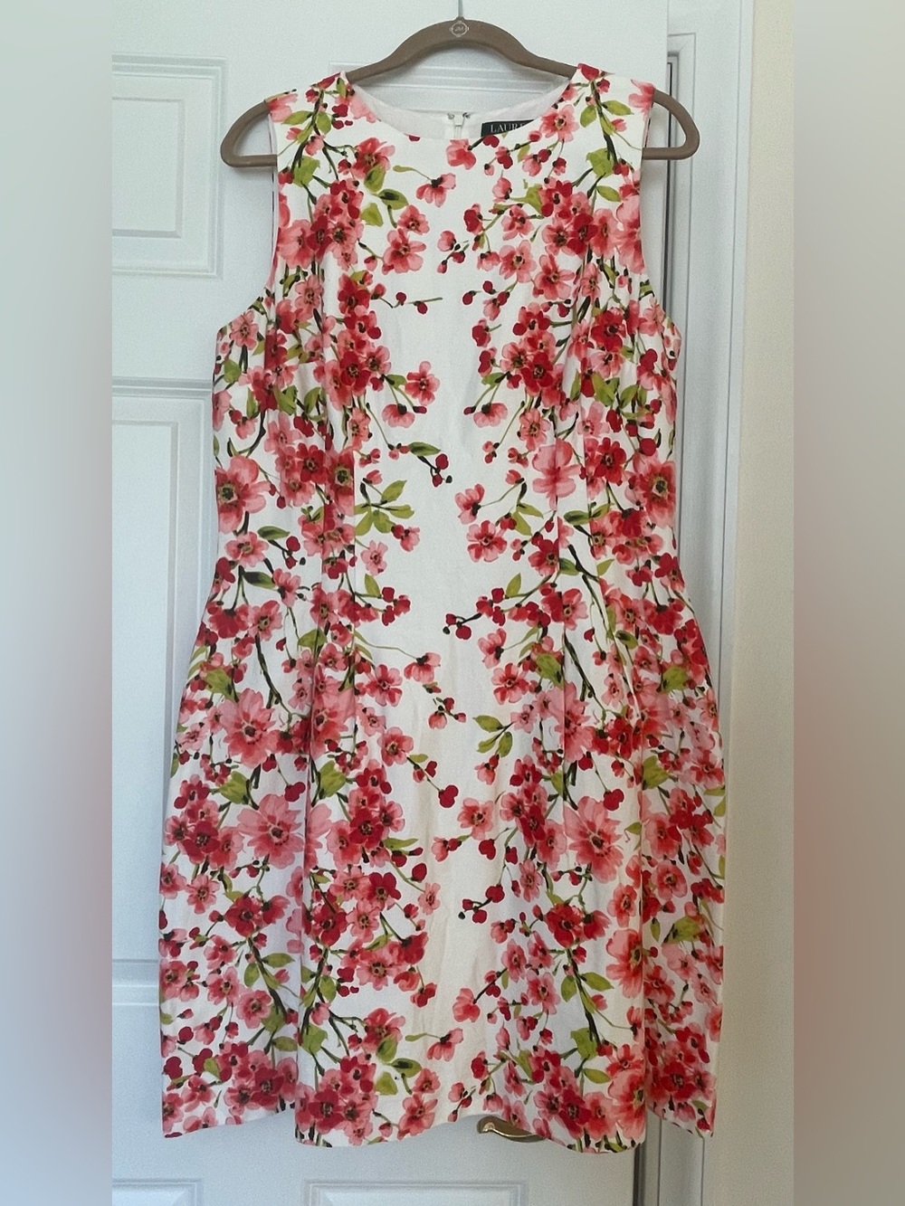 Lauren by Ralph Lauren Sleeveless Floral A-Line Dress in White and Pink
